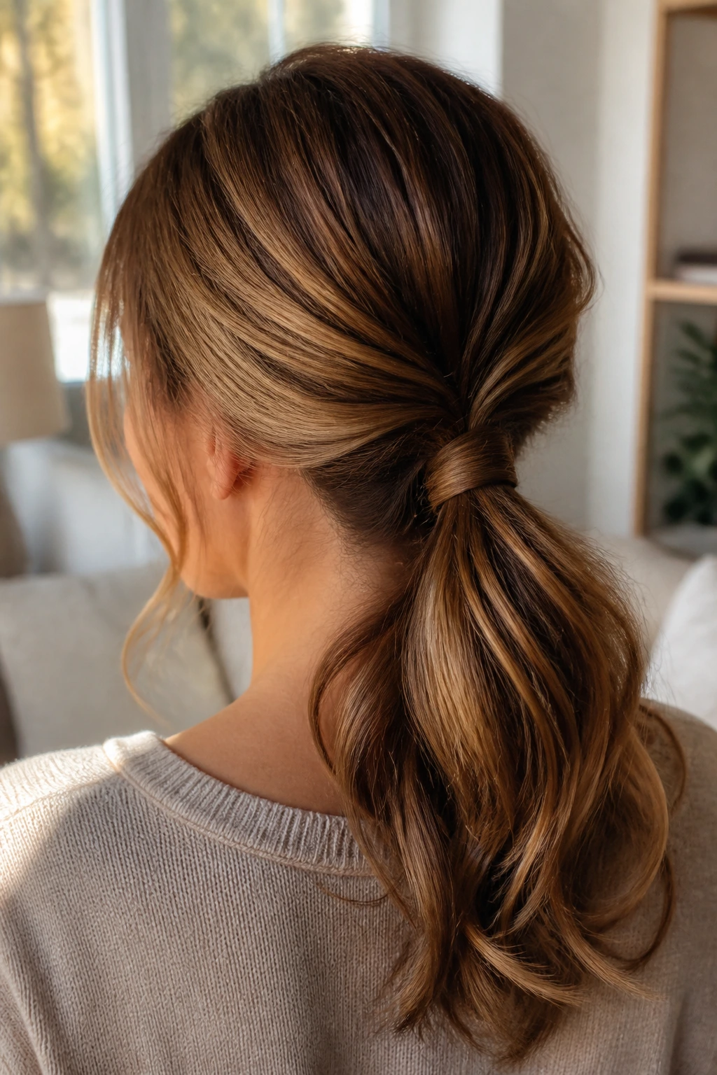 Close-up of a real woman with a loop-through ponytail in a cozy living room