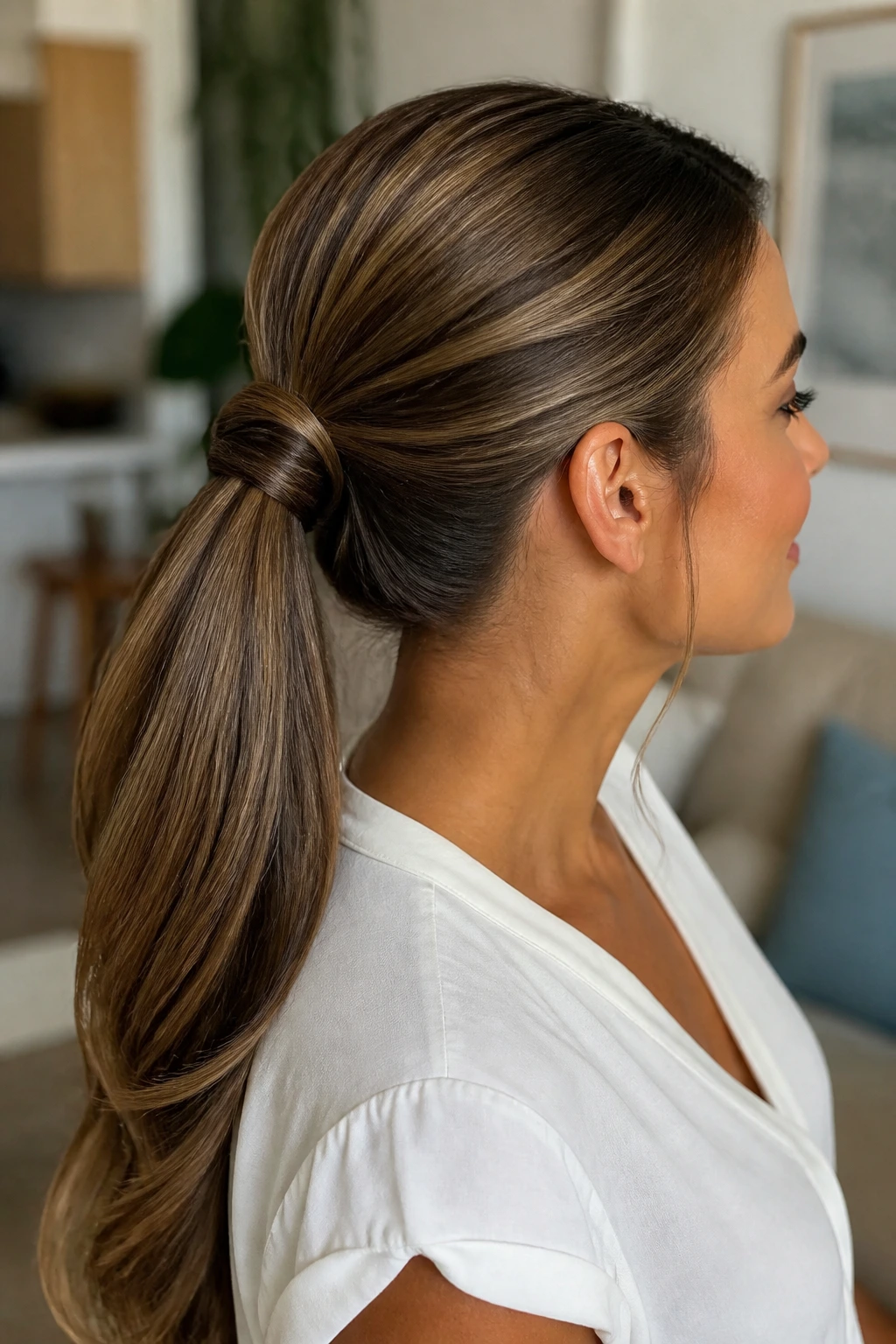 Portrait of a real woman with a loop-through ponytail.