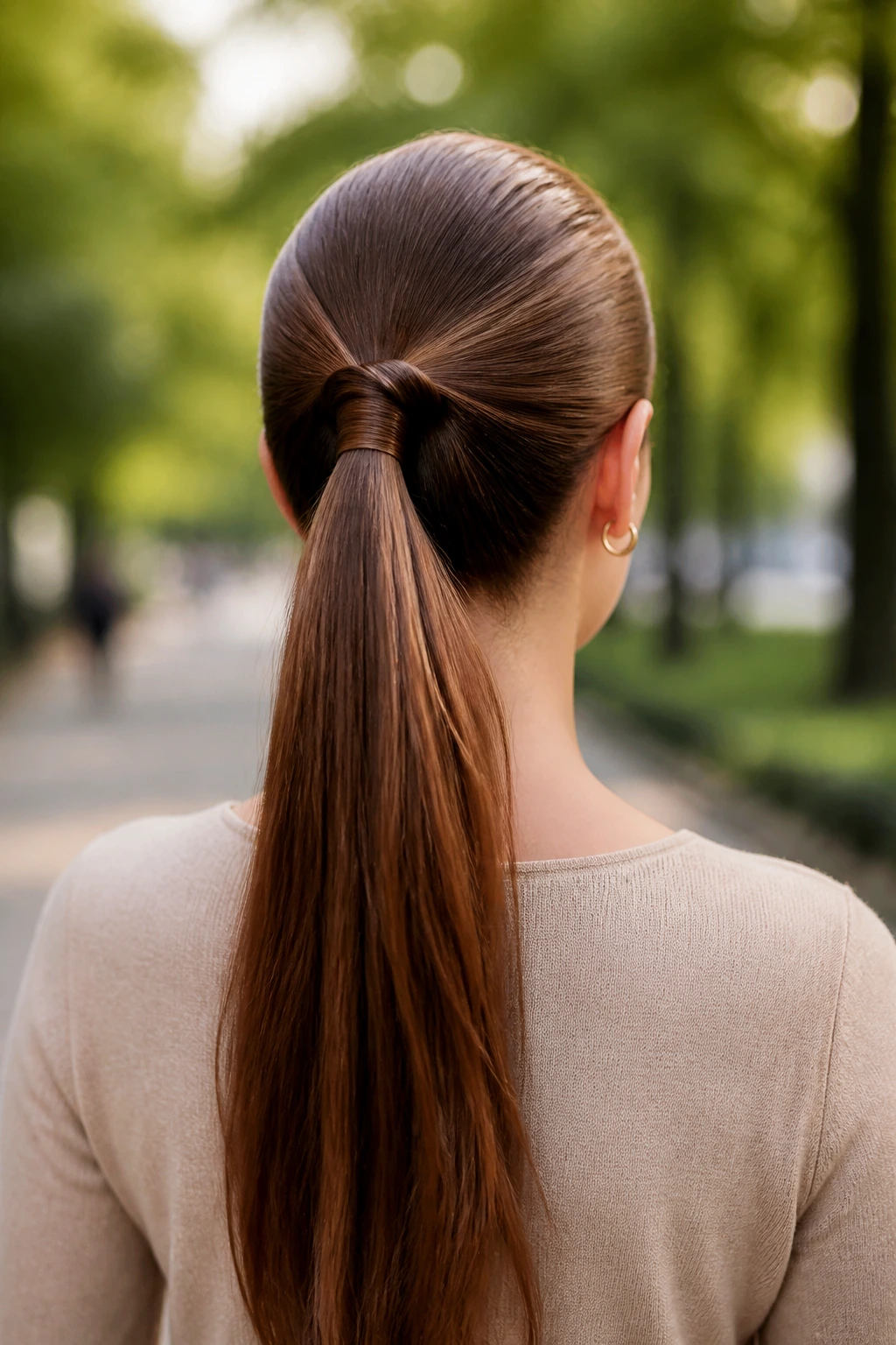 Back-view portrait of a real woman with a loop-through ponytail in an outdoor park