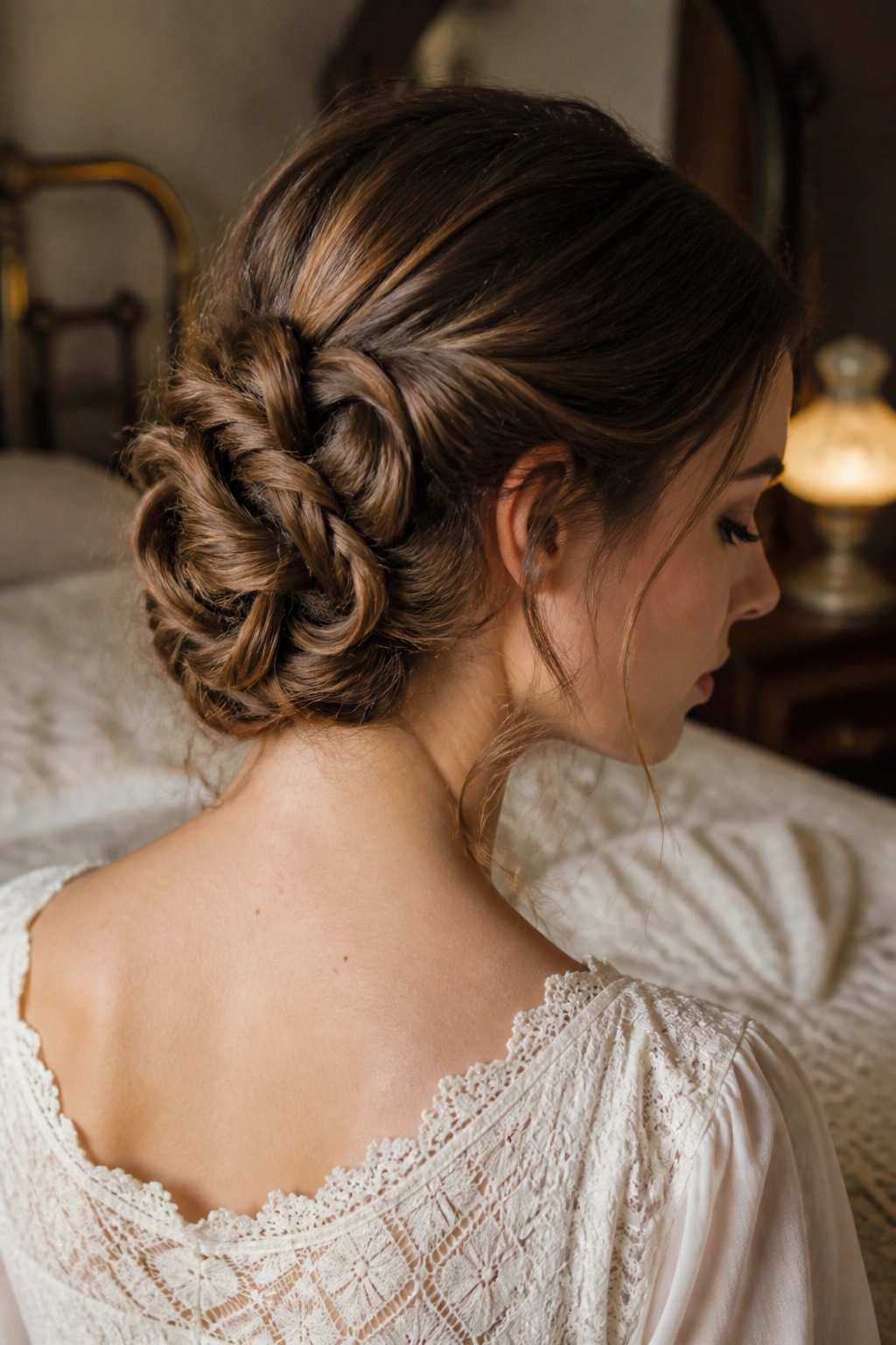 Real woman with looped braided updo at the nape, soft and balanced.