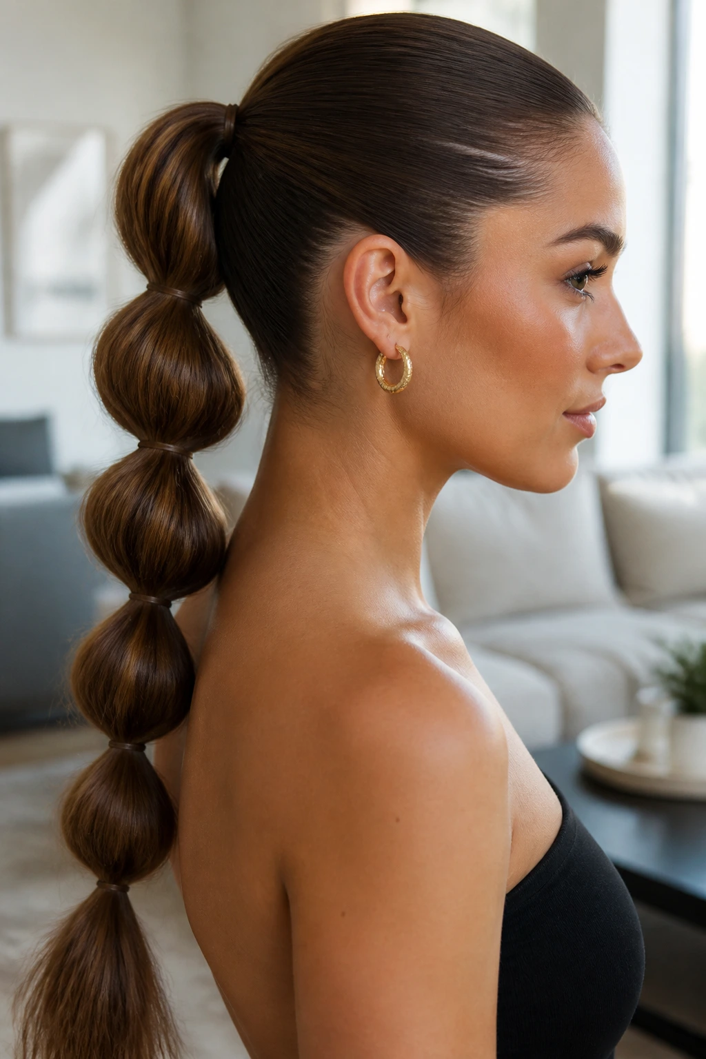 Close-up of a real woman with a looped bubble ponytail along a straight ponytail