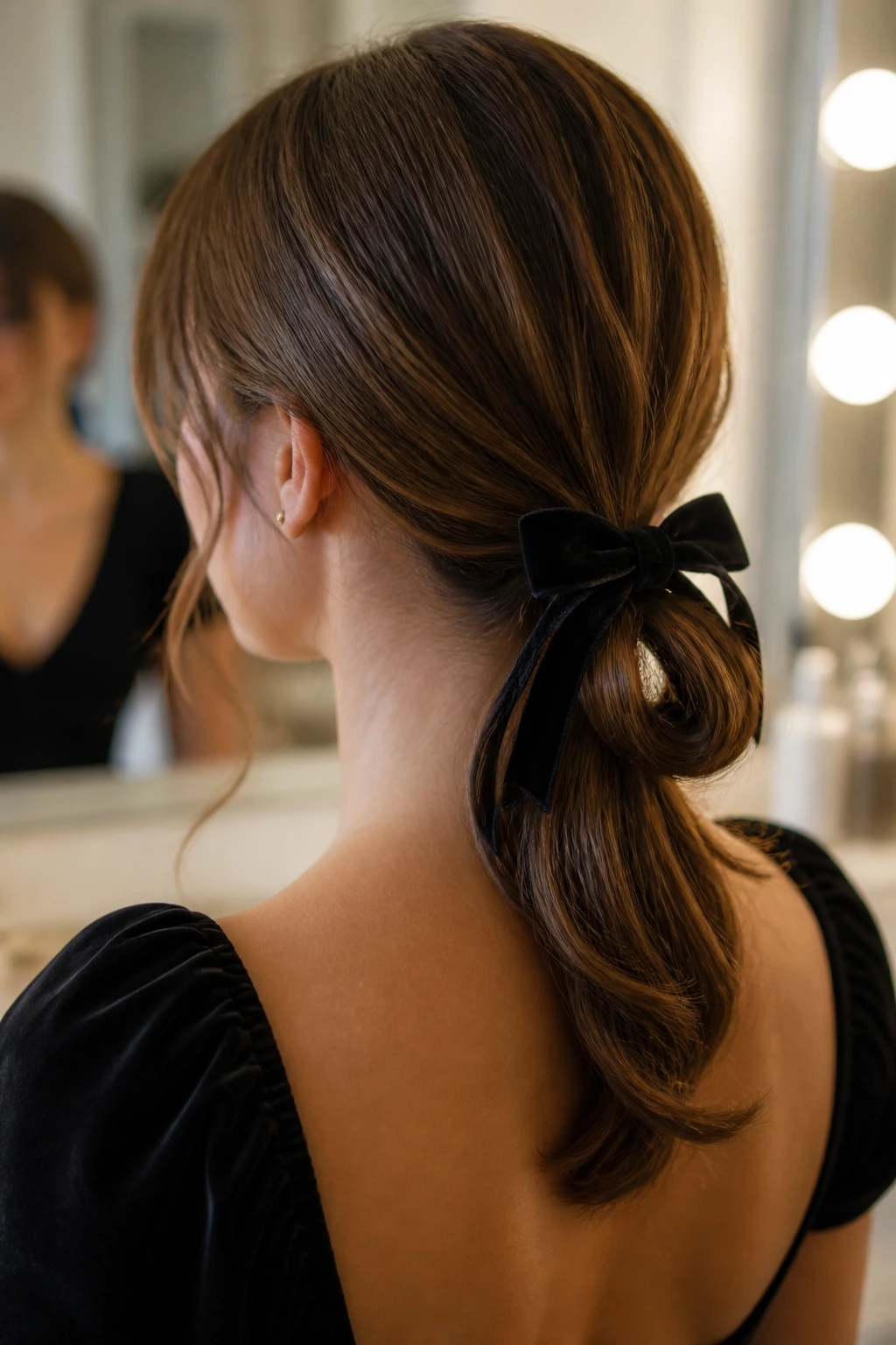Close-up of a soft looped ponytail with velvet bow on a real woman.