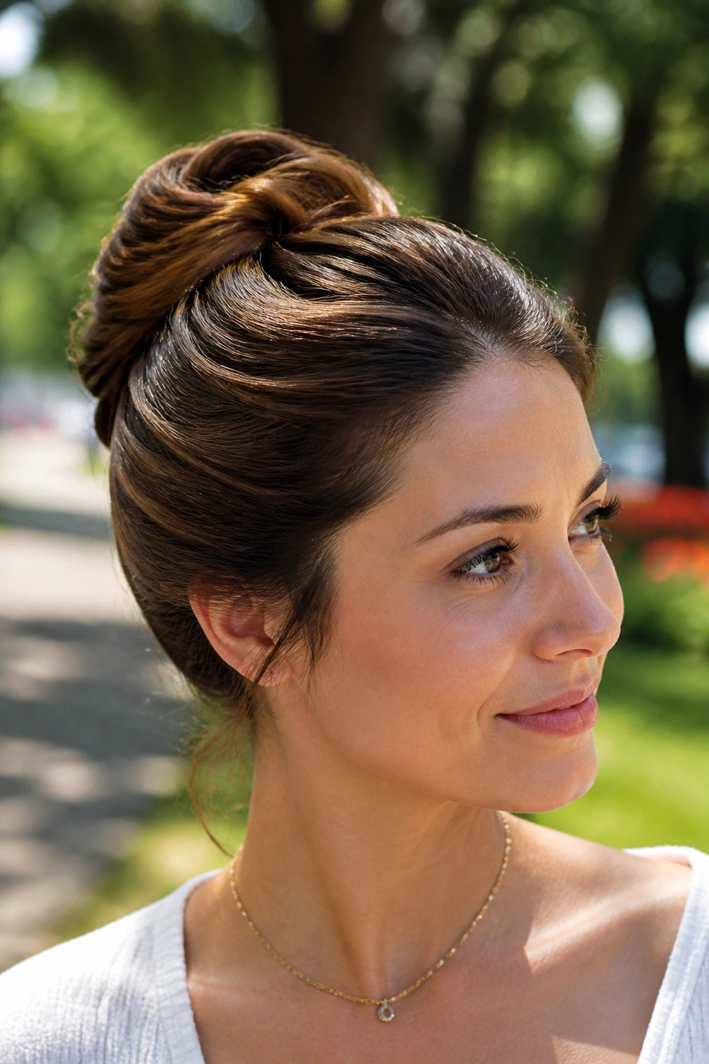Close-up of a real woman with a looping twist bun and tucked ends outdoors