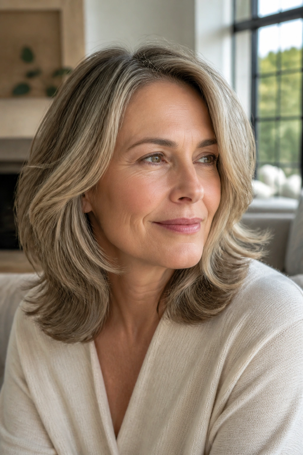 Close-up of a real woman with a Loose Shoulder-Length Blowout showing movement and face-framing shape.