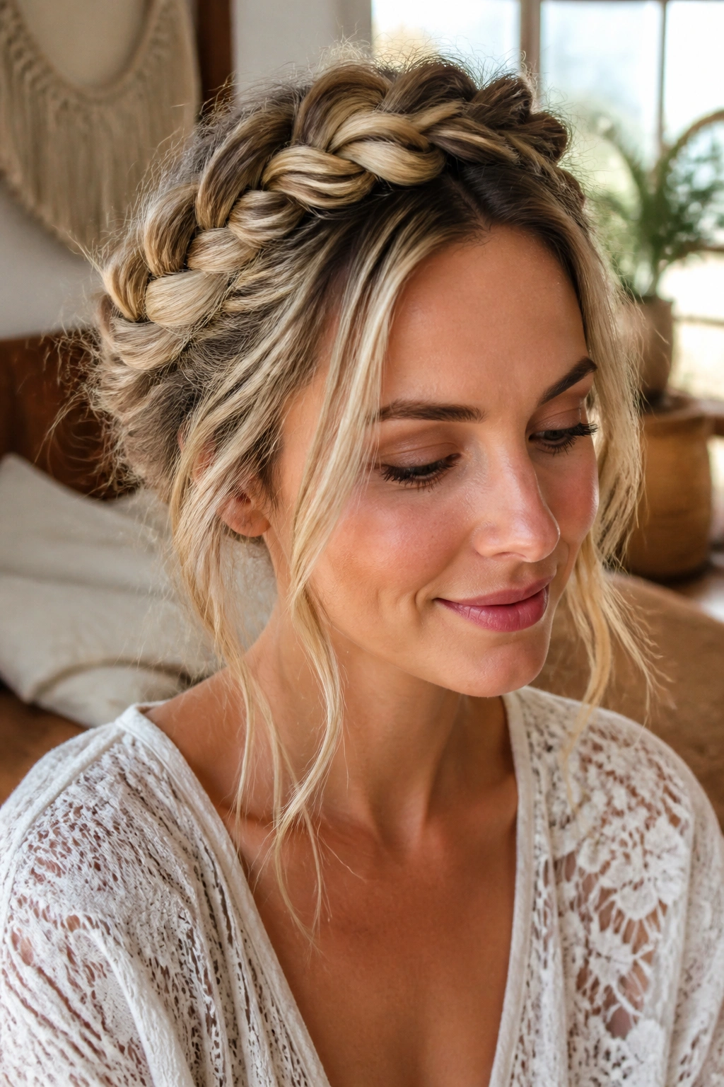 Close-up portrait of a woman with a loose boho crown braid and face-framing pieces