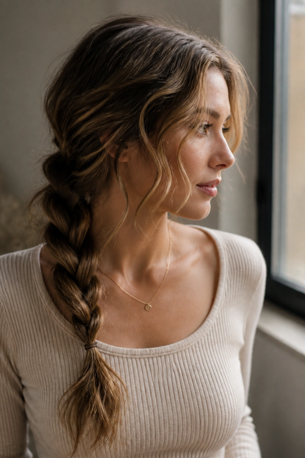 Woman with a loose braided ponytail in a casual setting