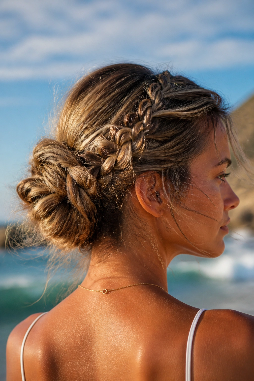 Woman with loose braided bun on a sunny beach