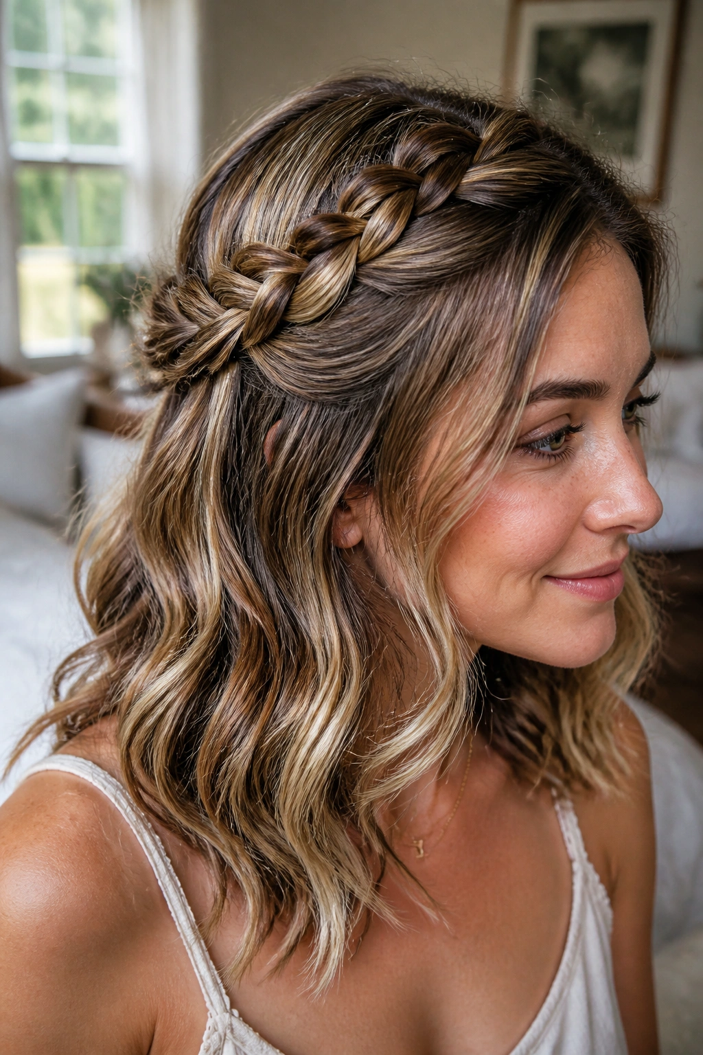 Close-up of a real woman wearing a loose braided half-crown with soft waves