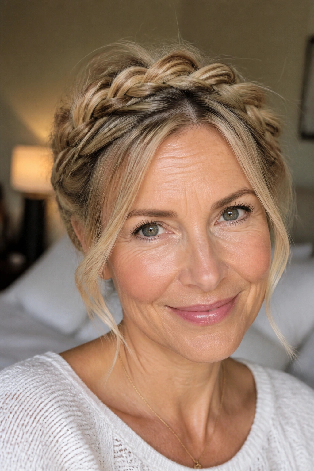 Close-up of a real woman with a loose braided crown in warm window light