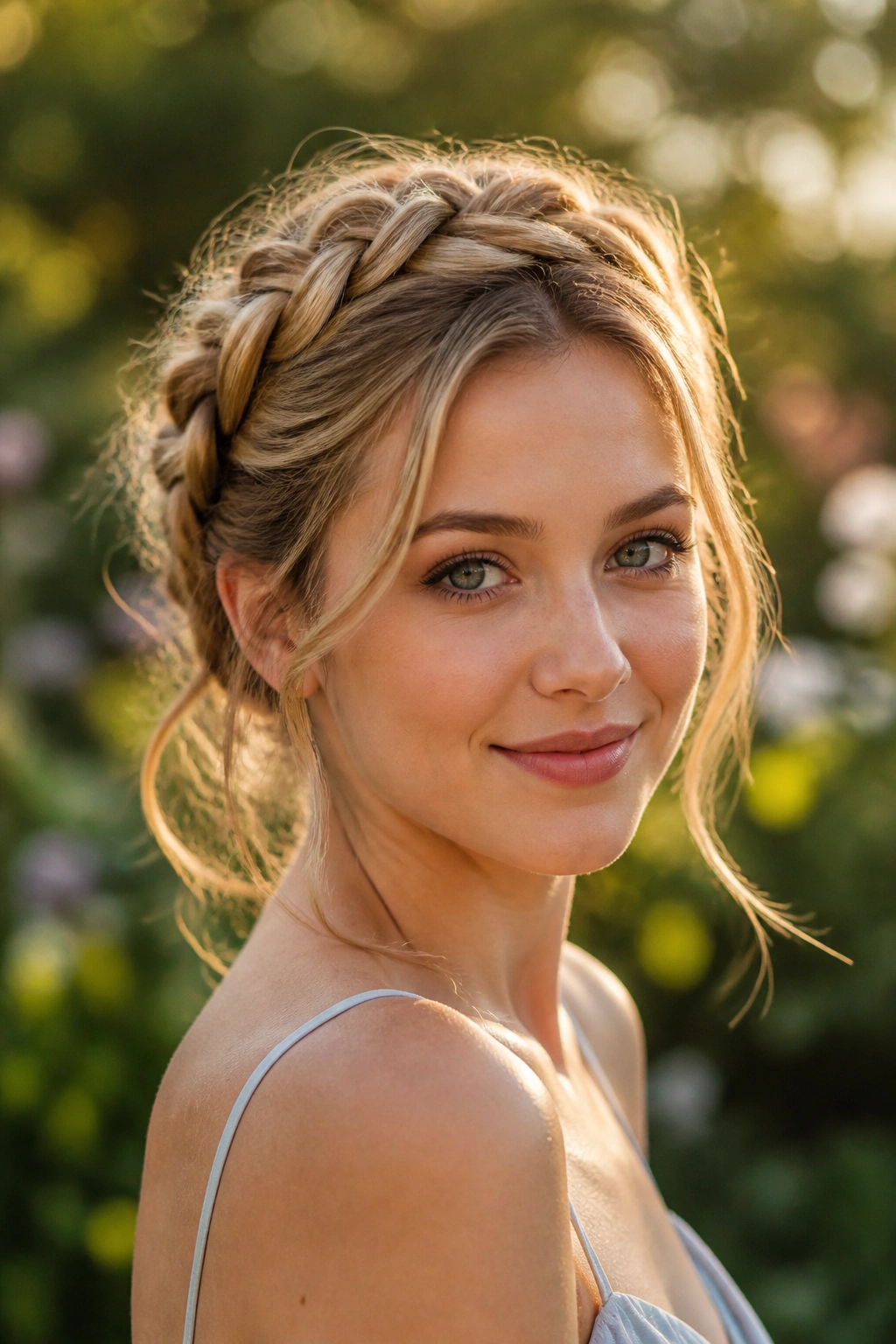 Close-up of real woman with loose braided halo against golden hour garden backdrop