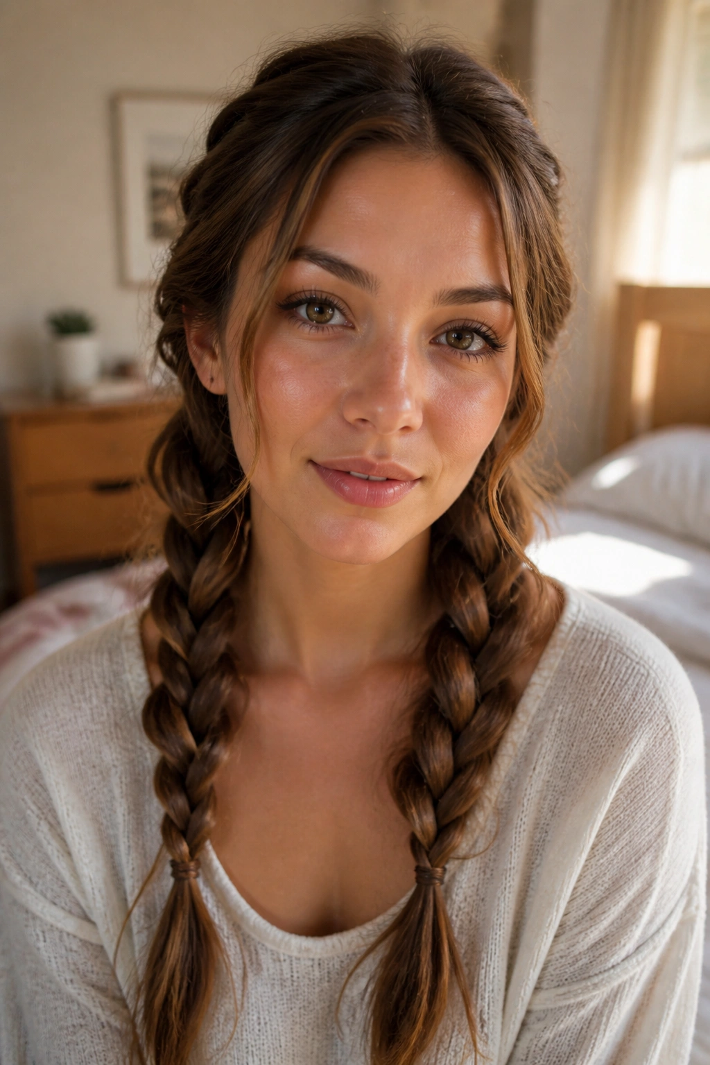 Real woman with loose pancaked braids in a softly lit bedroom