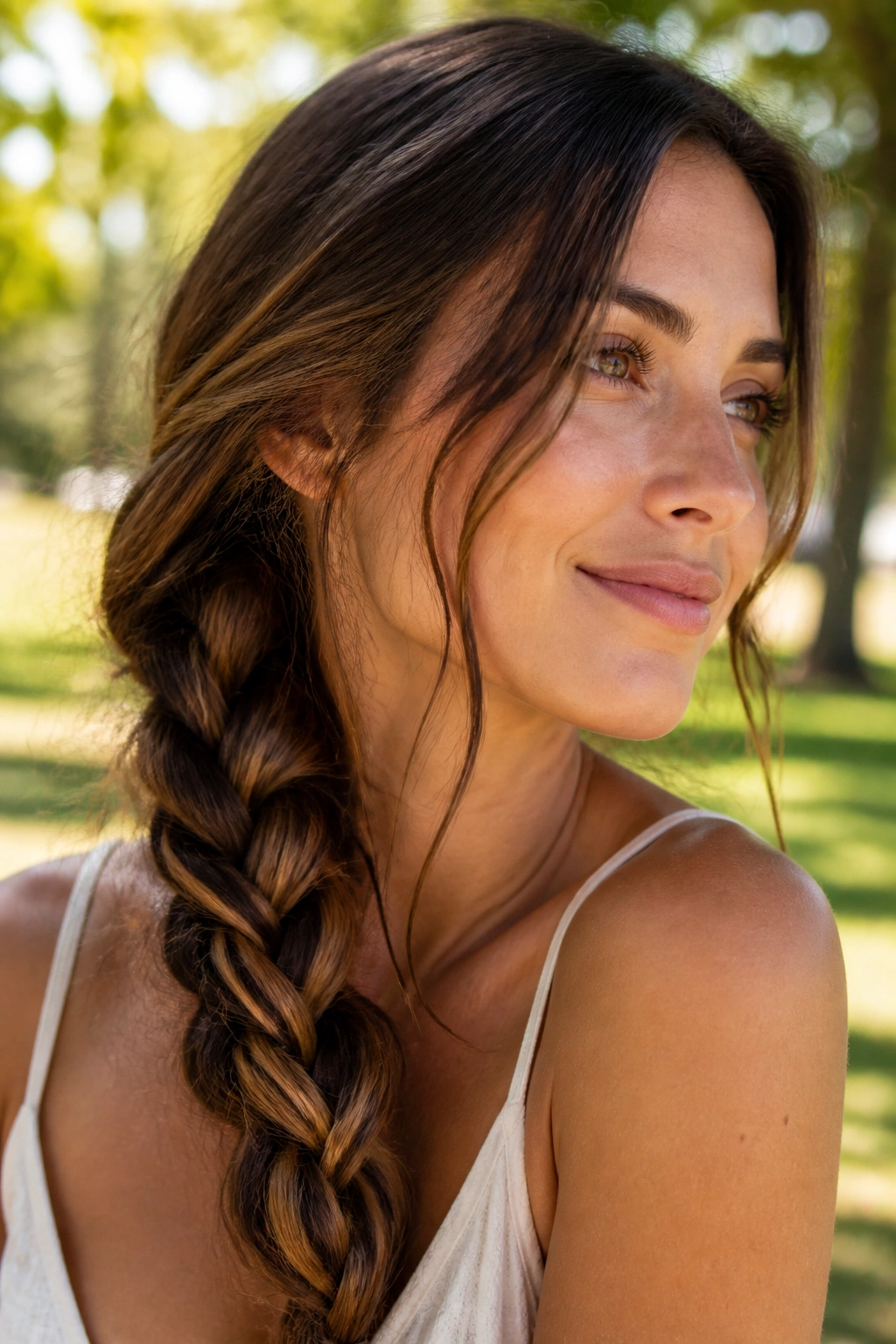 Close-up of a real woman with a loose three-strand braid and sun-kissed strands in daylight