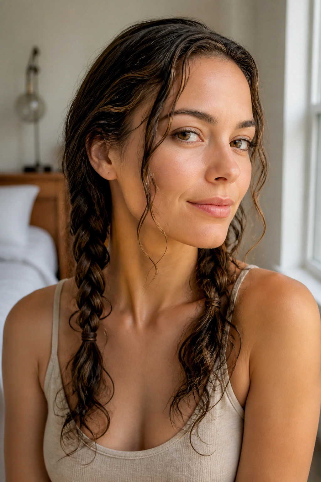 Close-up portrait of a real woman with loose braids and soft ropey waves.