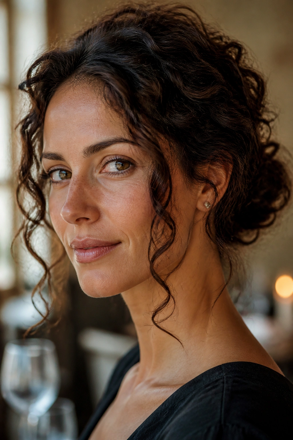 Close-up portrait of a real woman with a loose curly bun and face-framing tendrils