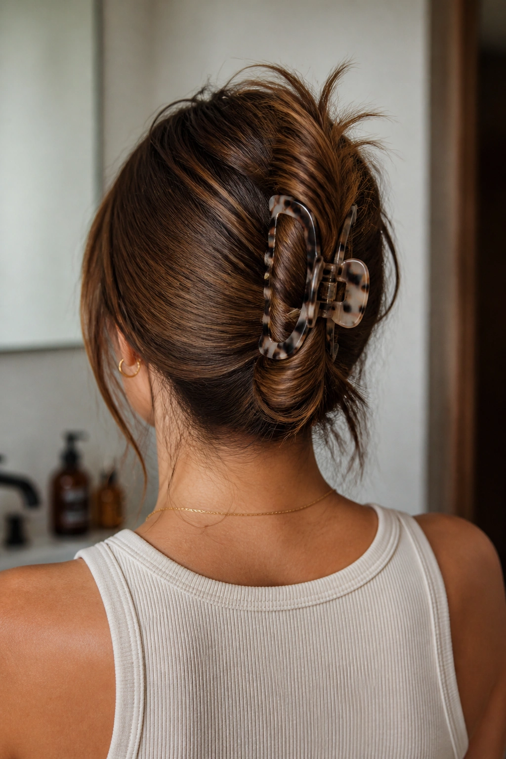 Back view of a real woman showing a loose twist secured with a claw clip