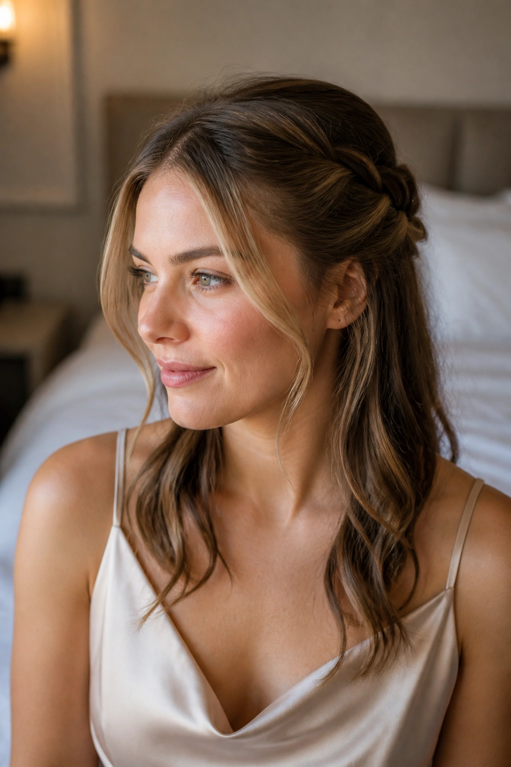 Close-up of a real woman wearing a loose crown twist with face-framing pieces