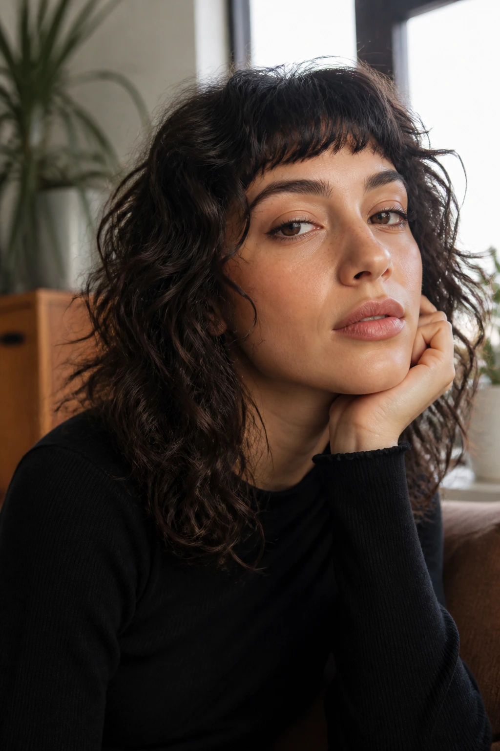 Real person with loose curl perm and micro bangs in daylight-lit room.