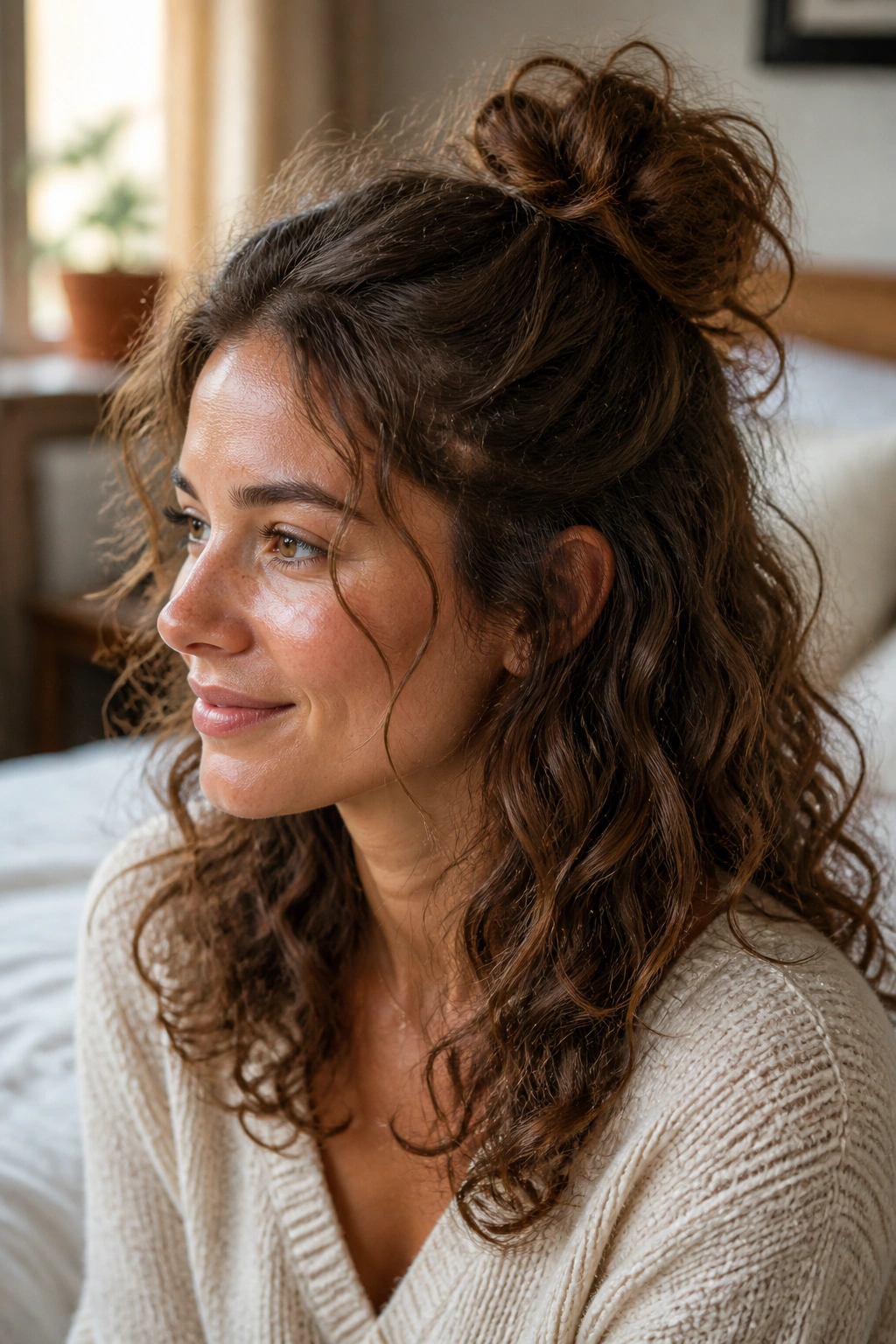 Close-up portrait of a real person with a loose curl half-up knot, hair tied loosely on top