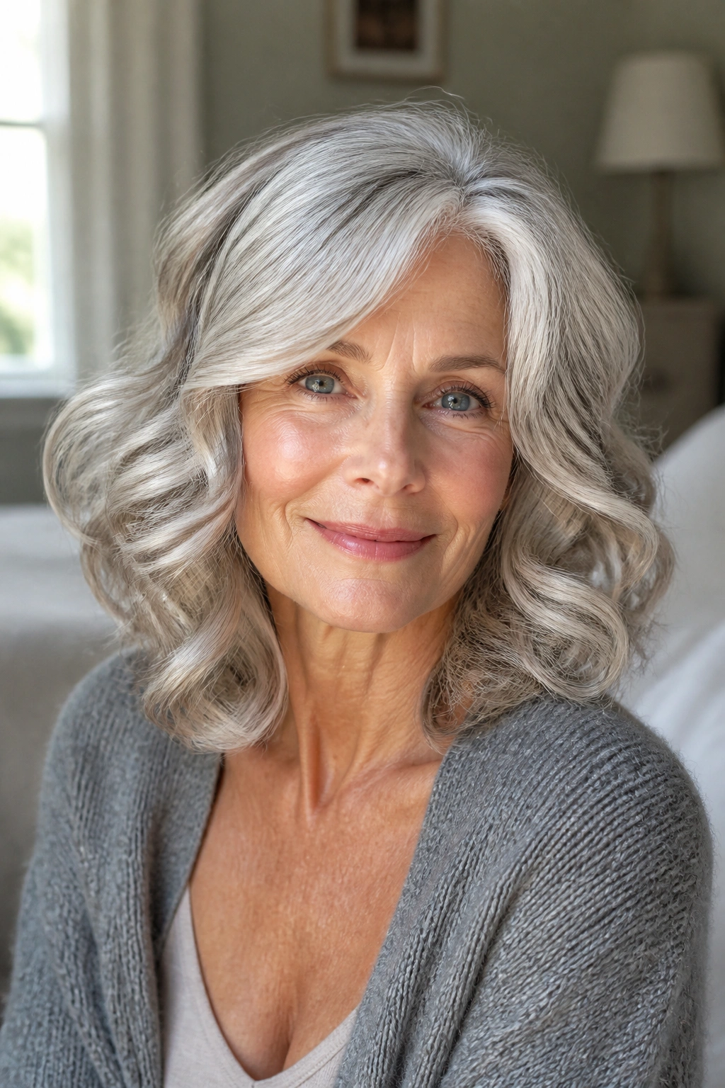 Close-up of a real woman with shoulder-length silver-gray hair styled in loose barrel curls.
