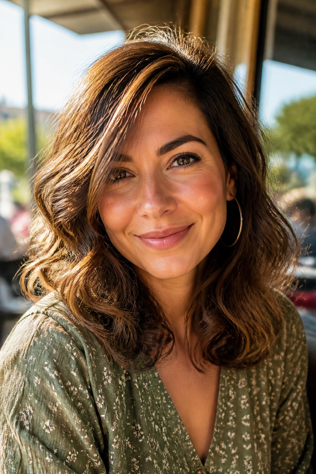Close-up of a real woman with loose curls and a side-swept front.