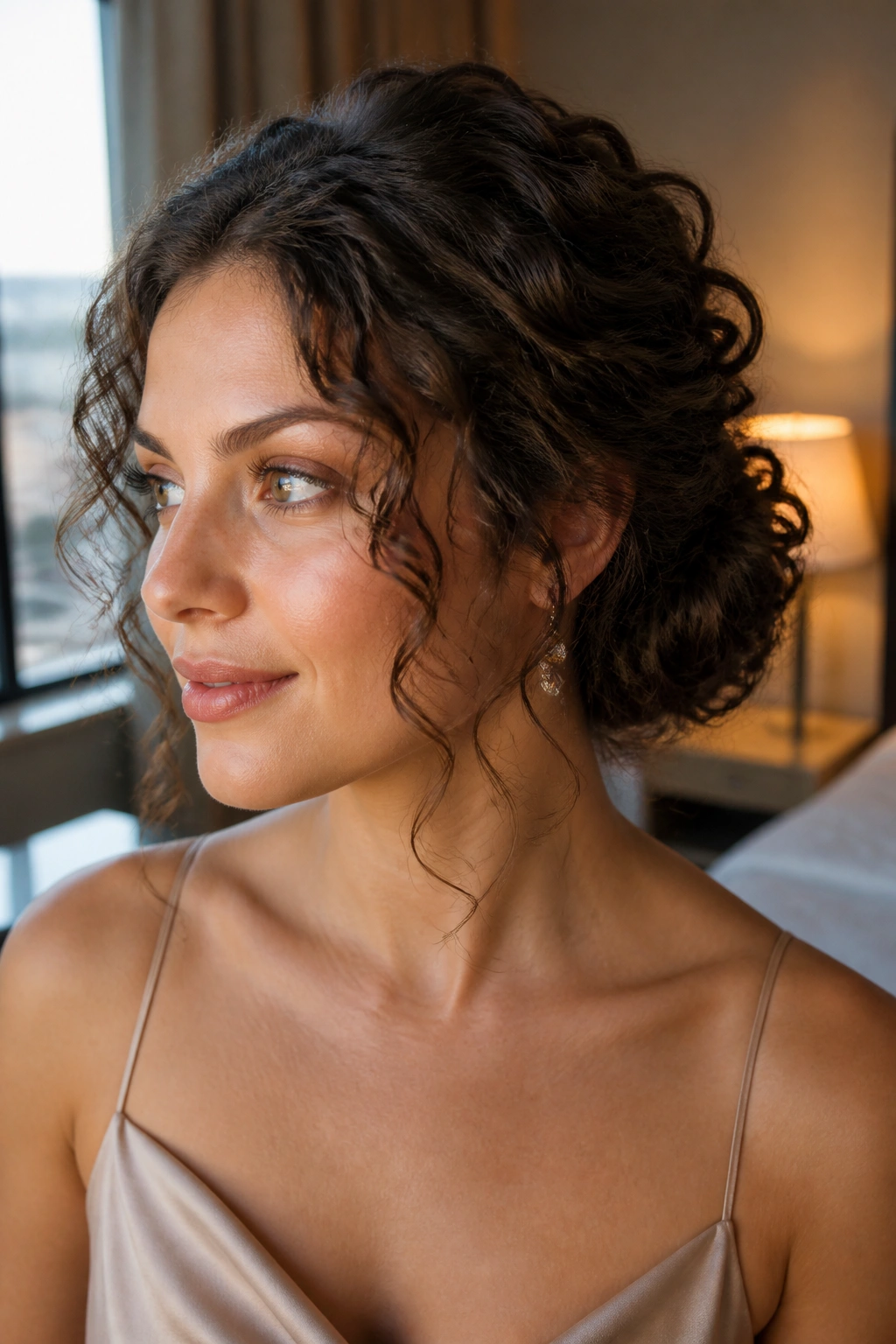 Close-up of a real person with a loose curly chignon and tendrils