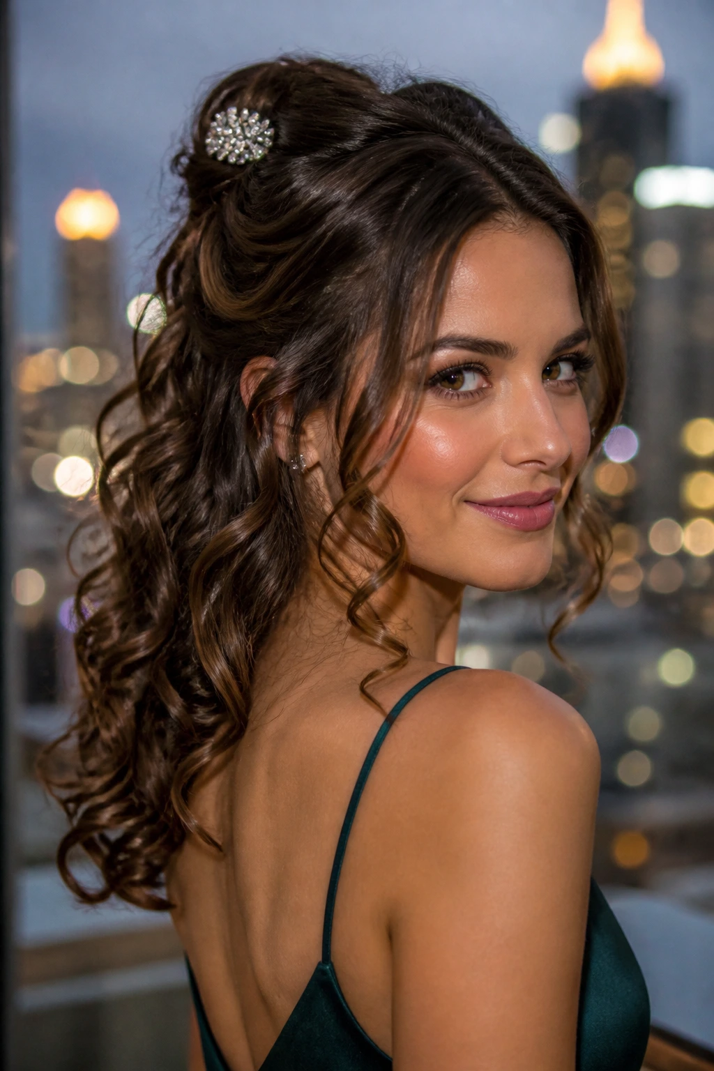 Close-up portrait of a real woman with a loose curly half-up and statement clip