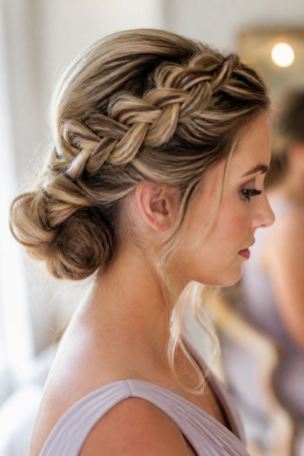 Close-up of real bridesmaid with loose Dutch braid bun, crown braid pattern and soft bun