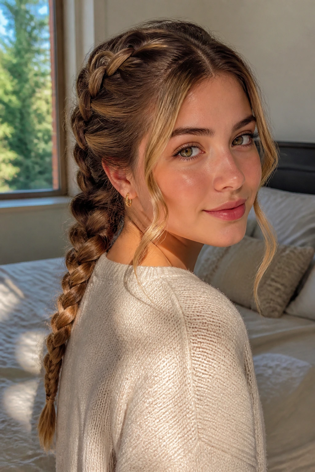 Close-up of a real person with a loose Dutch braid and soft face-framing pieces
