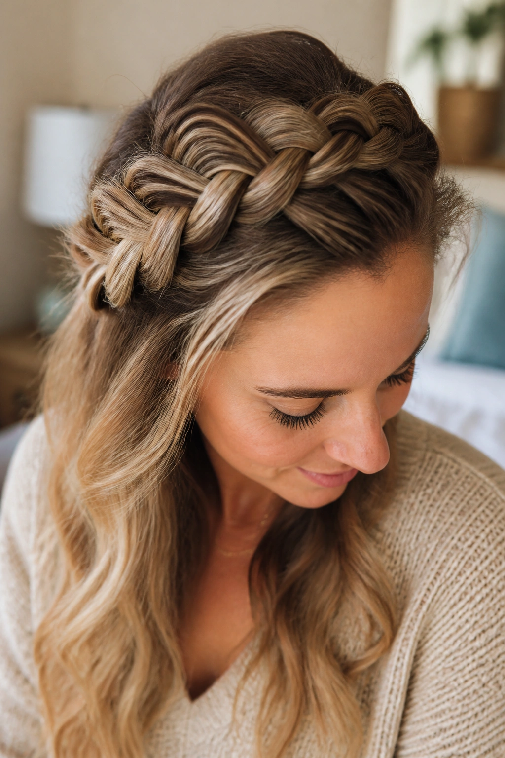 Real woman with a loose Dutch braid on top of the head