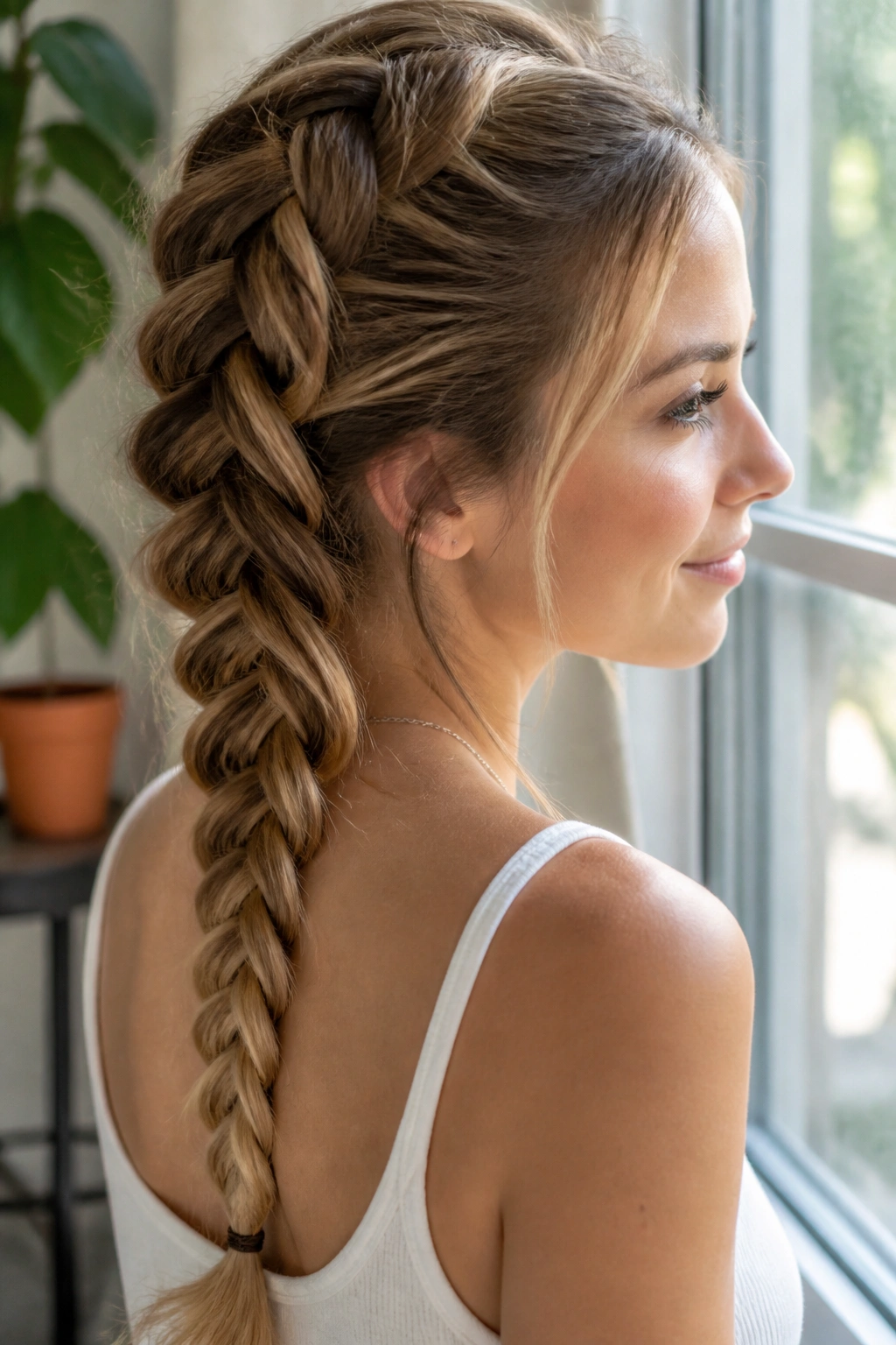 Close-up portrait of a real woman with a loose French braid starting near the crown and pancaked loops