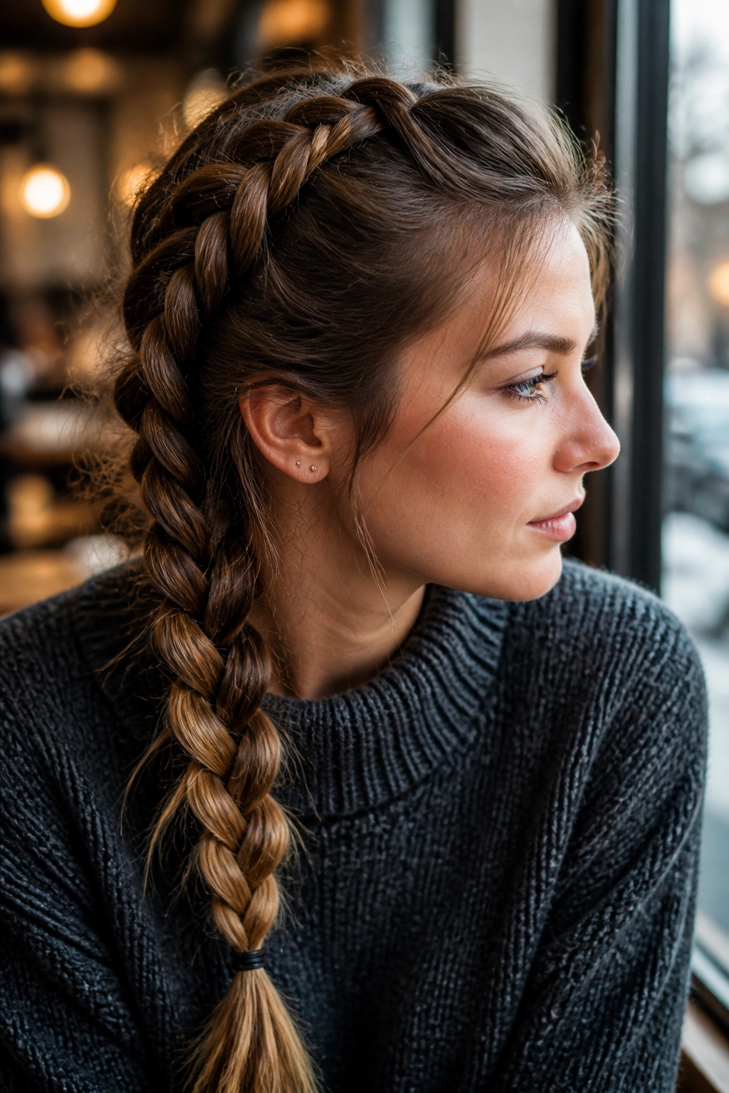 Portrait of a person with a loose French braid along the scalp