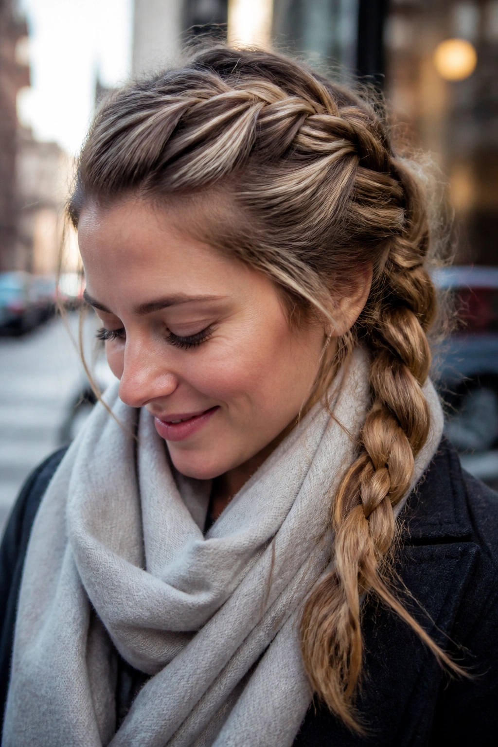 Close-up portrait of a real woman with a loose French braid on a winter day