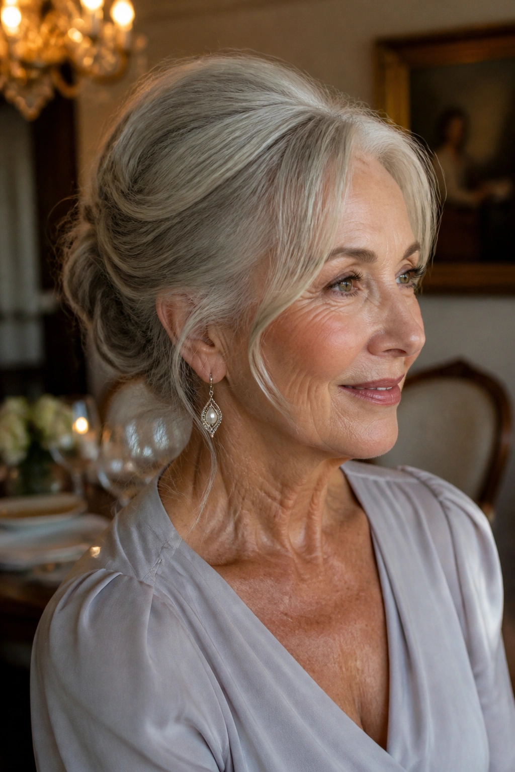 Close-up of an older woman with a loose French twist or low chignon