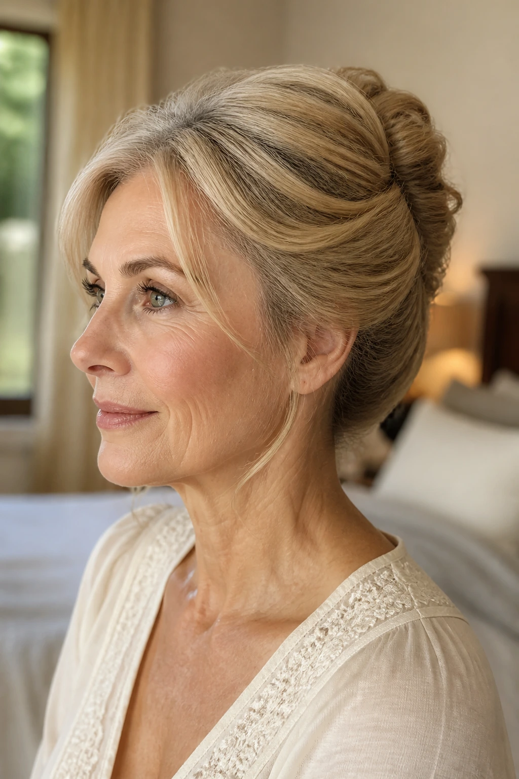 Close-up of a real woman wearing a relaxed low French twist with neck exposed