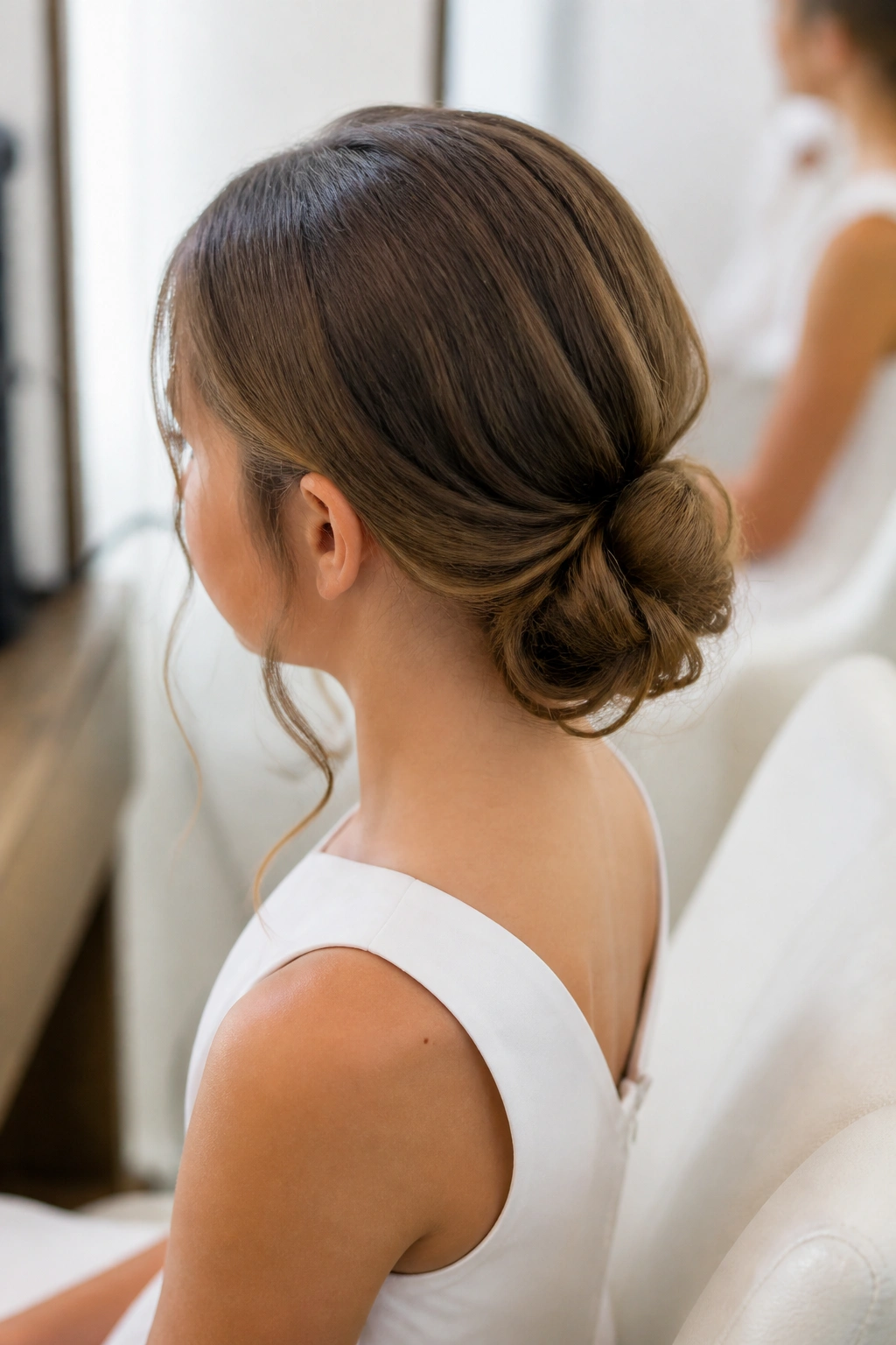 Close-up of loose knot bun with veil-ready finish on a real person