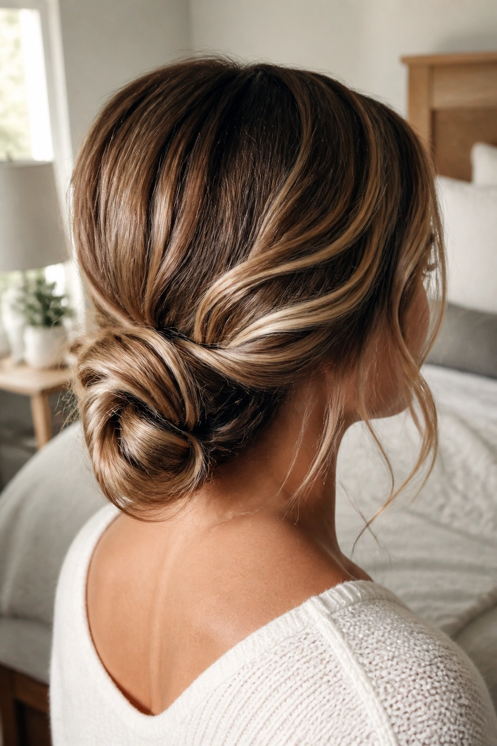 Real woman with loose low bun at the nape of the neck