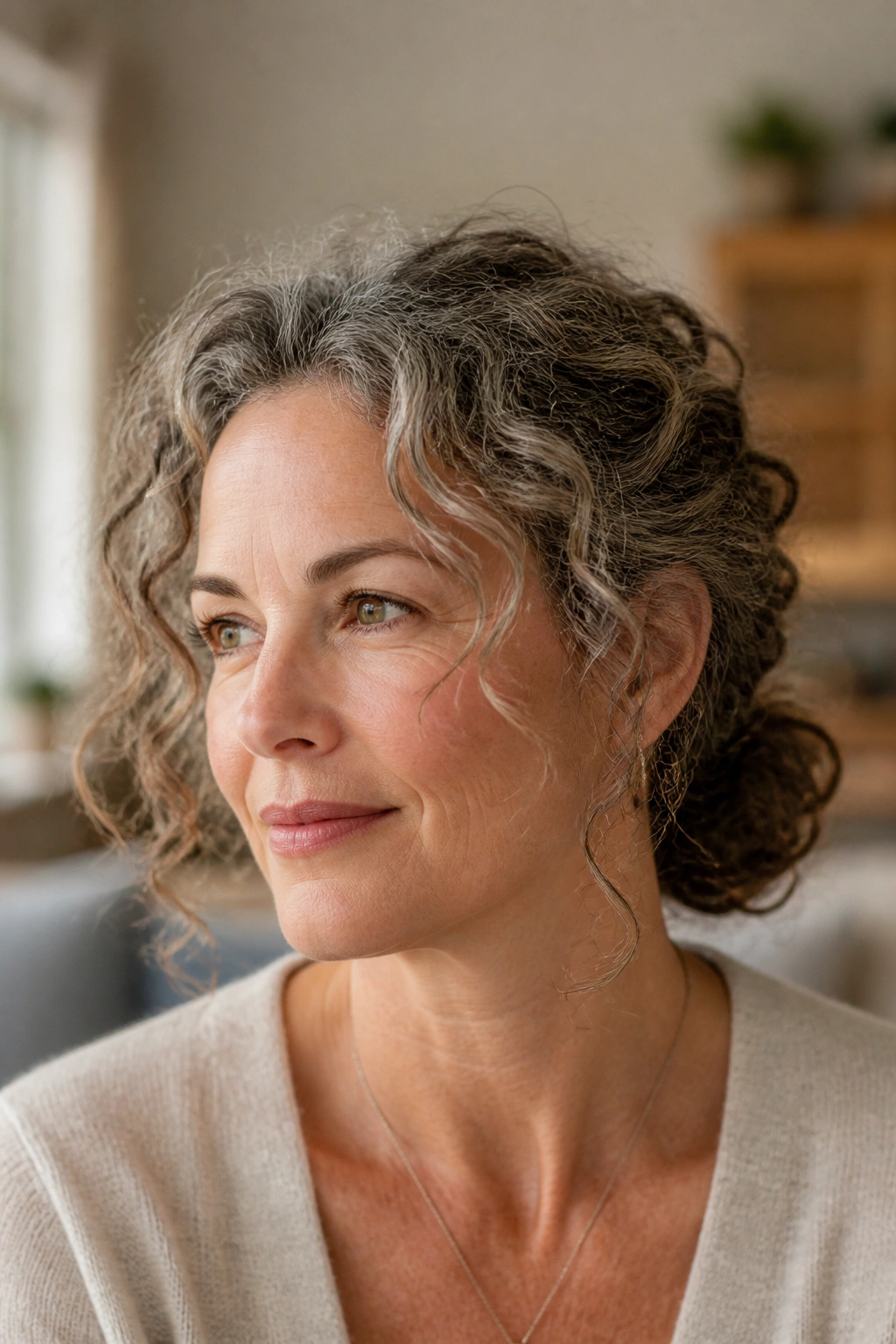 Real woman with a loose low bun at the nape, curls escaping at temples, soft indoor lighting.