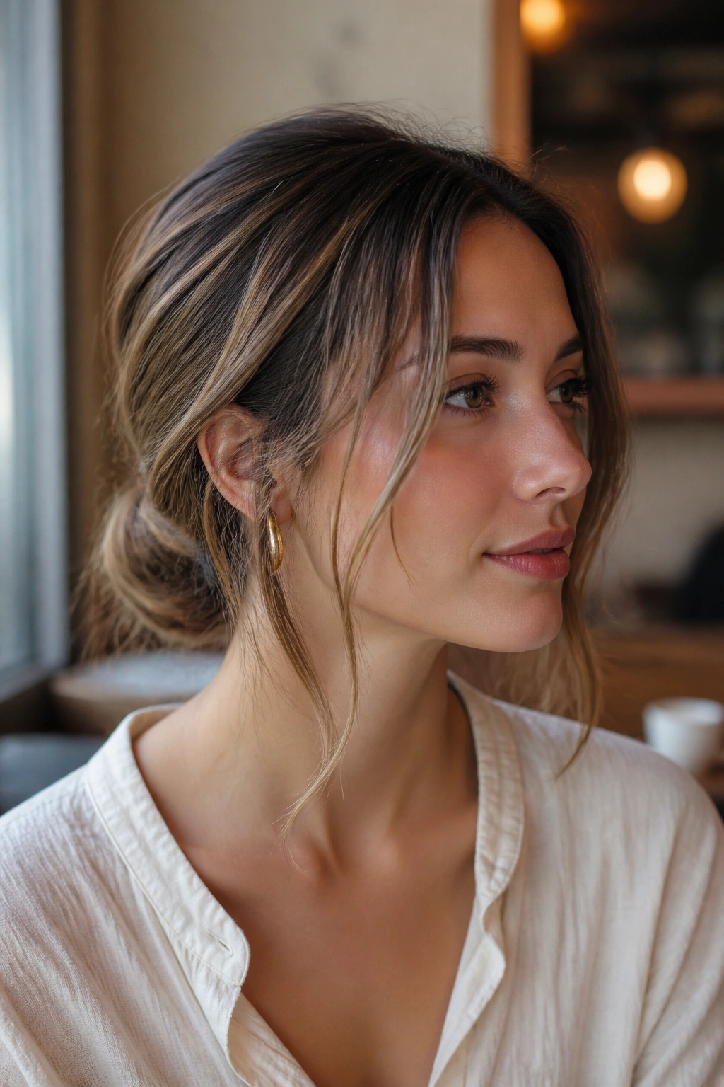 Close-up portrait of a real woman showing a loose low knot with face-framing pieces