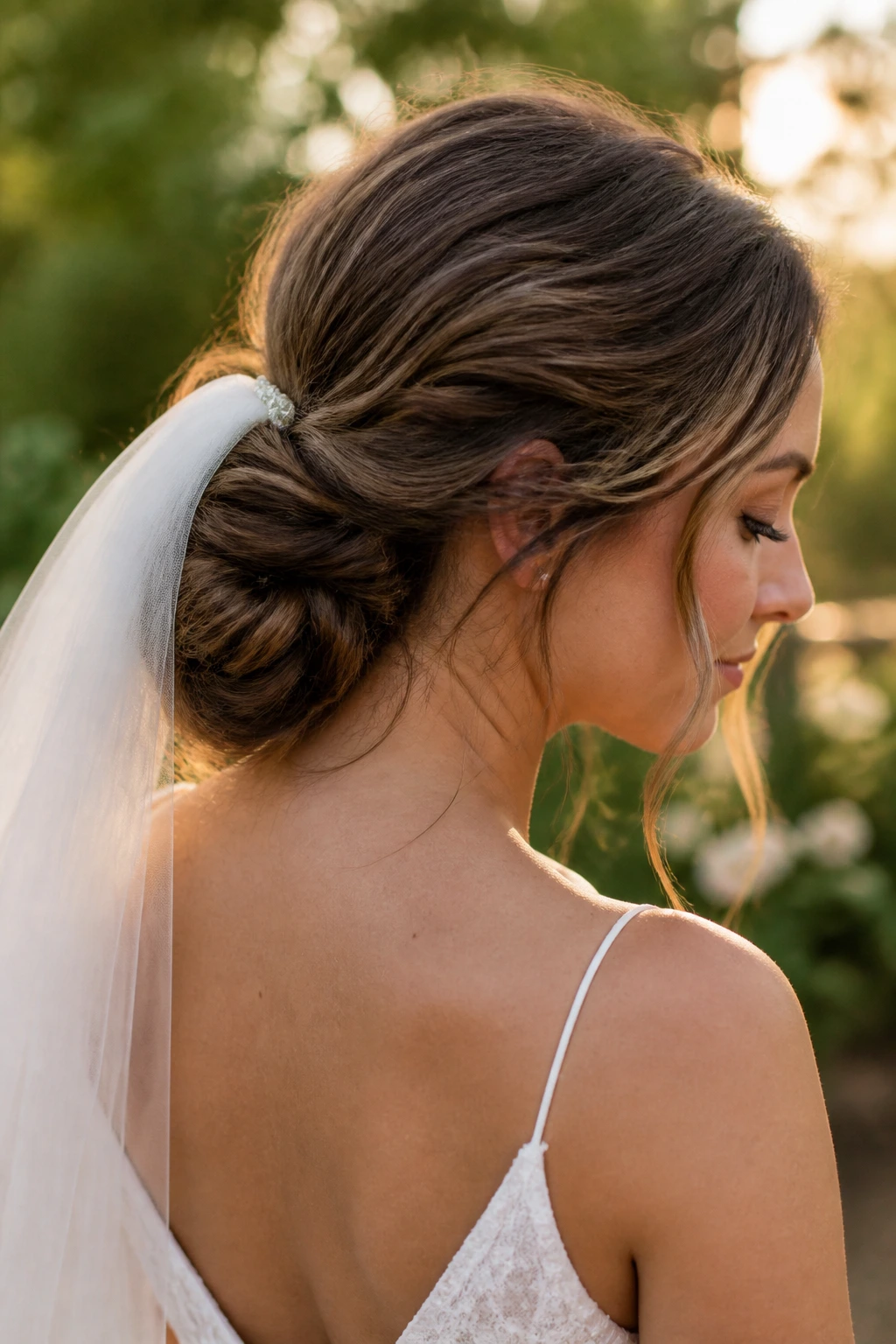 Close-up of a bride's loose low knot at the nape with veil-support base