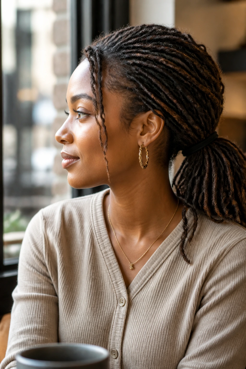 Close-up portrait of a real person with a loose low ponytail at the nape