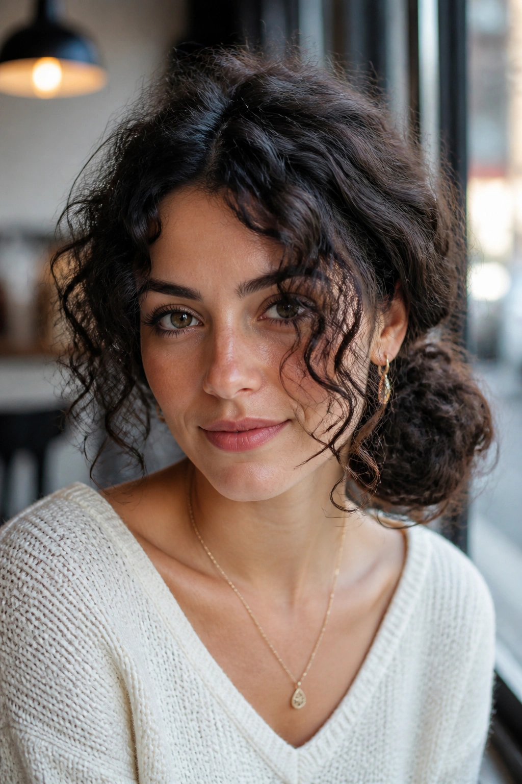 Close-up of real woman with loose low side bun in warm cafe light