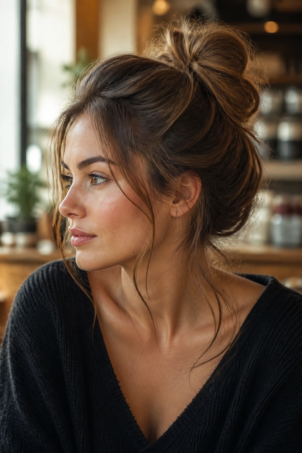 Close-up of a woman with a loose messy bun and a few loose strands around the face, warm light.