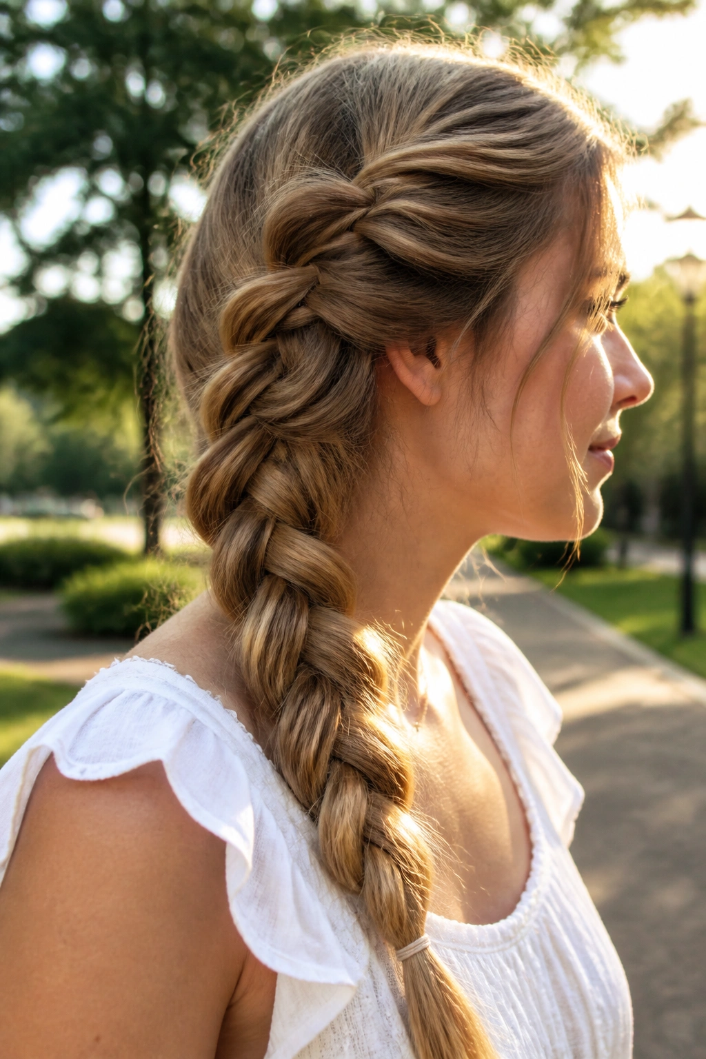 Close-up of real woman with loose pancaked braid widening the weave