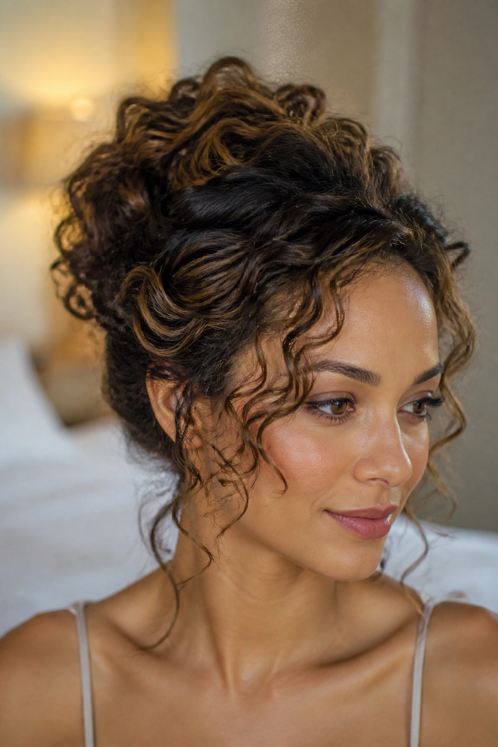 Close-up of a real woman with a loose pinned-up curly updo and tendrils