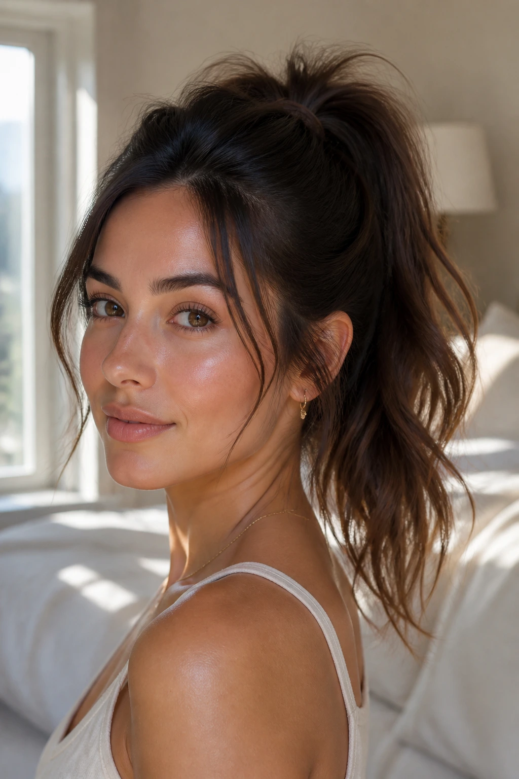 Portrait of woman with loose high ponytail and soft pieces, natural window light