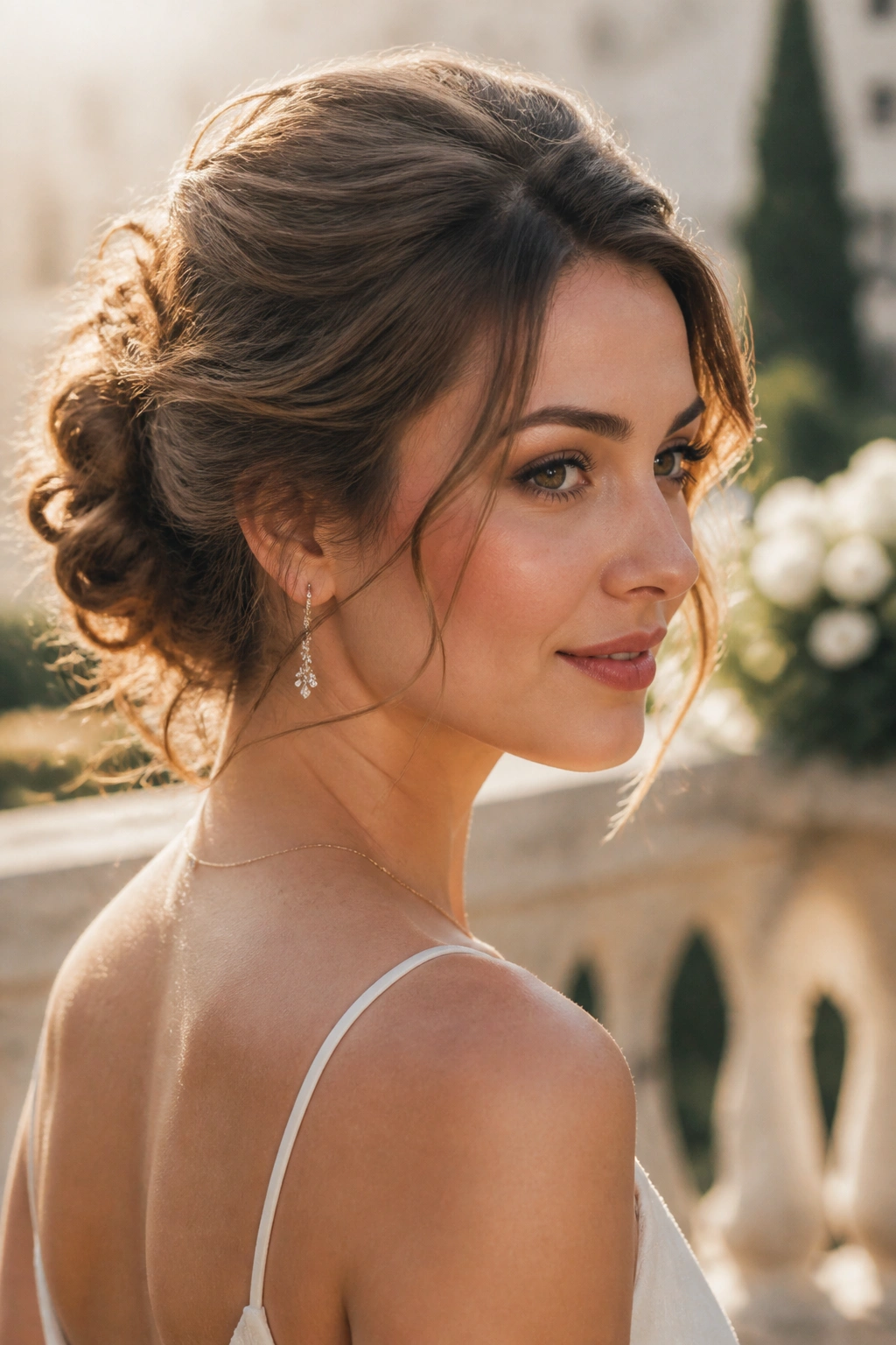 Close-up of a woman with a loose romantic updo and face-framing strands.