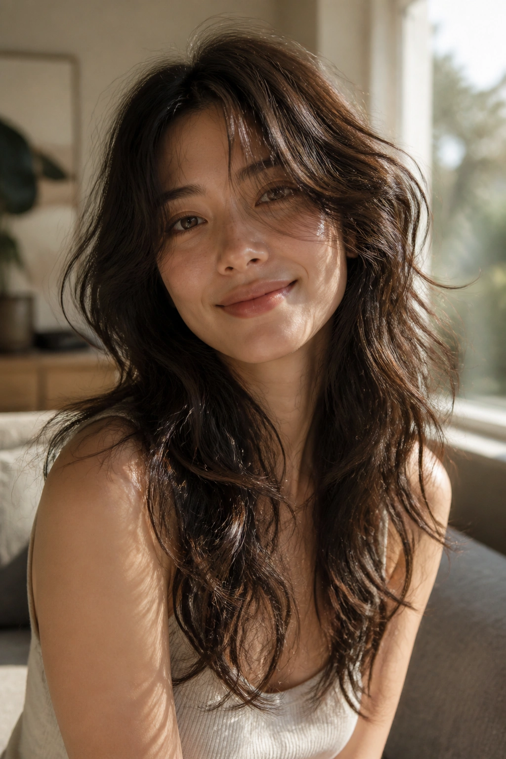 Portrait of a woman with loose S-wave shag perm and airy ends