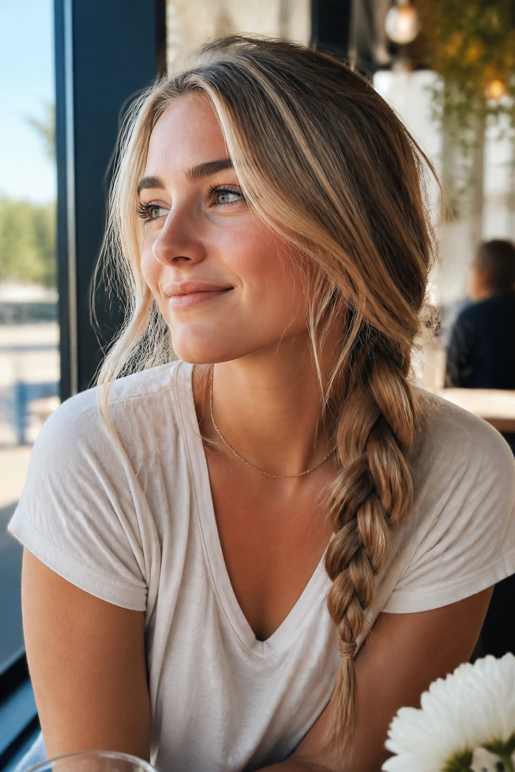 Close-up of a real person with a simple loose three-strand side braid