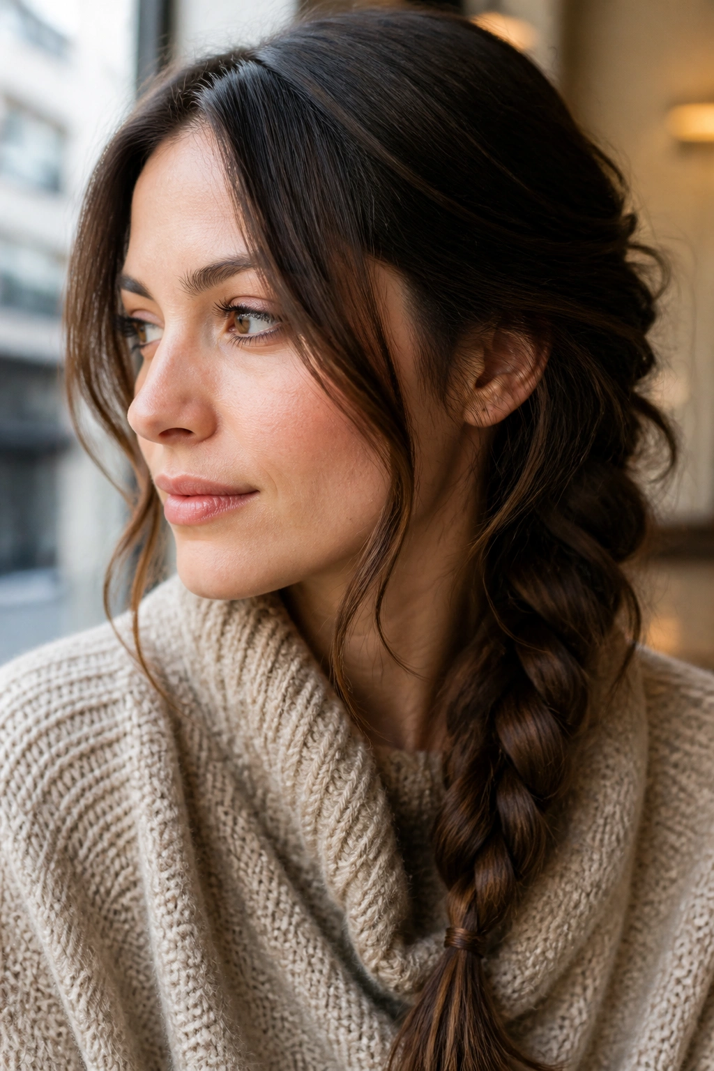 Brunette with loose side braid and face-framing pieces in warm window light