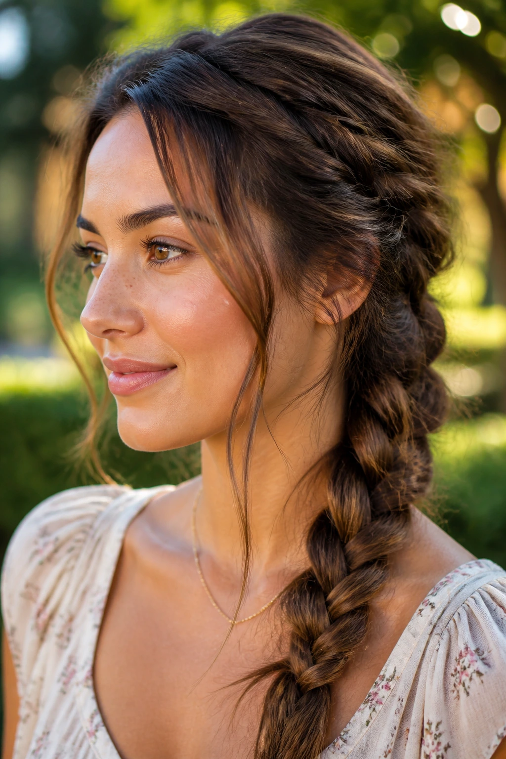 Close-up of a real person with a loose side braid and face-framing pieces around the face.
